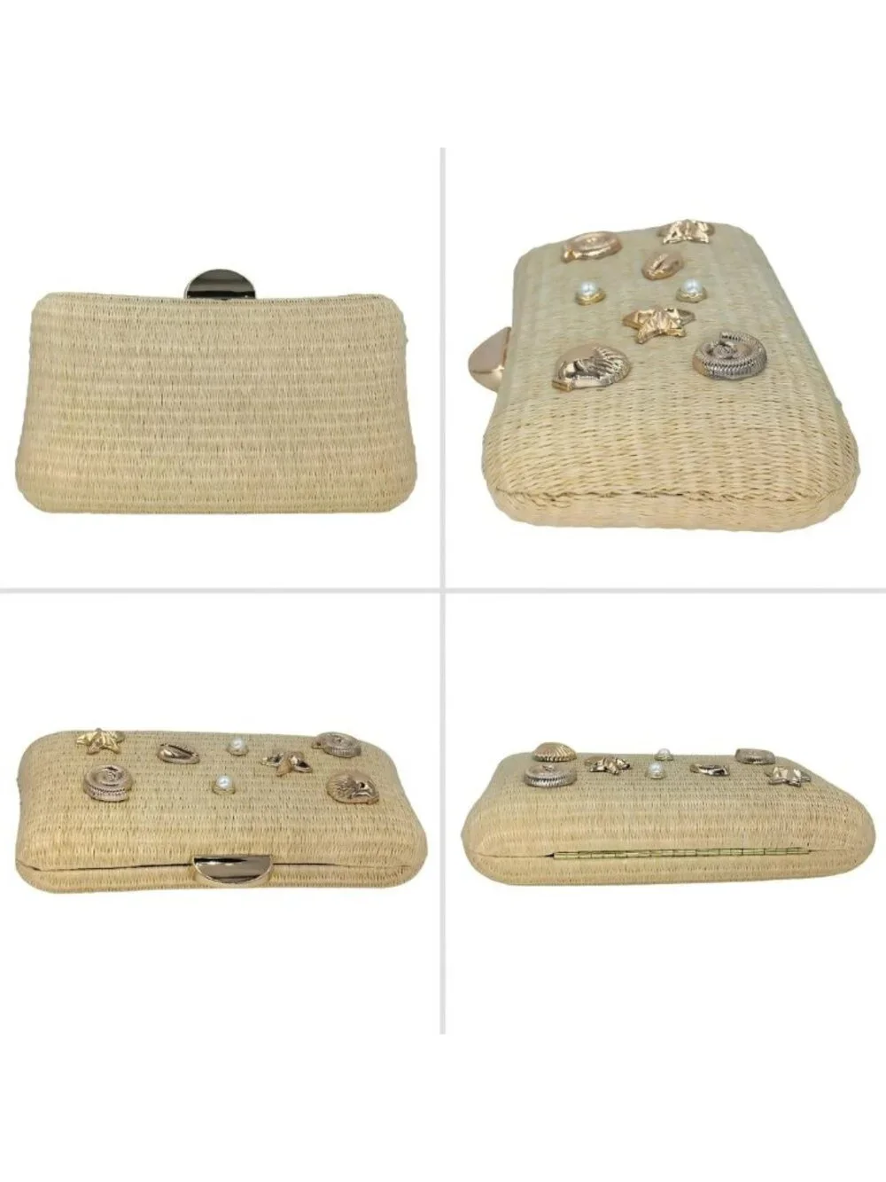 Woven Straw Clutch with Seashell Accents - Boho Beach Evening Bag, Lightweight